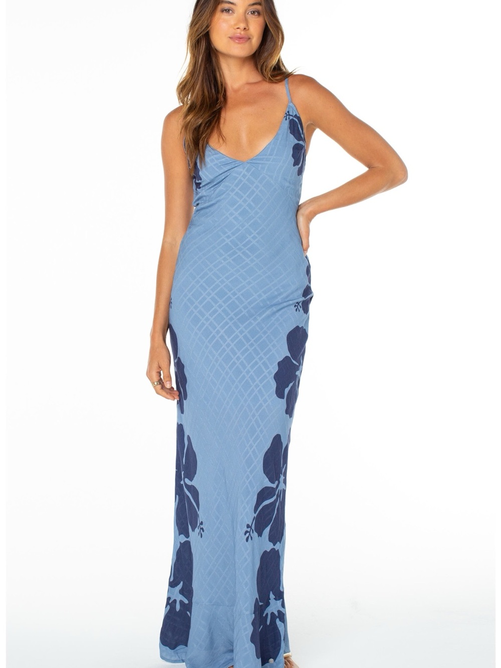 Roxy Light Blue Maxi Slip Dress with Navy Floral Print